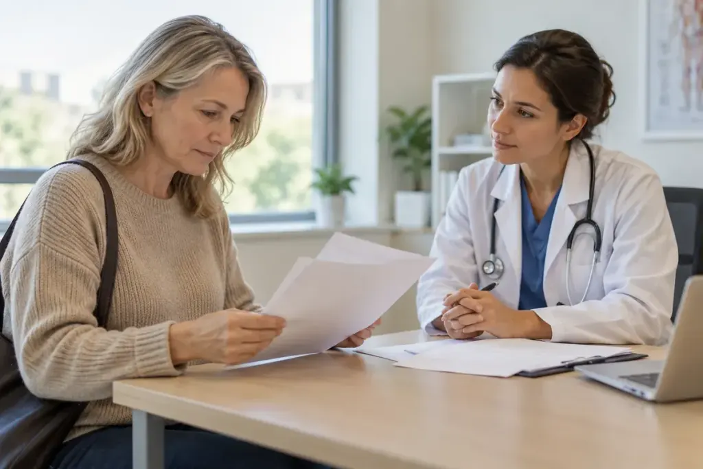 Patient reading blank consent pages across desk from clinician.