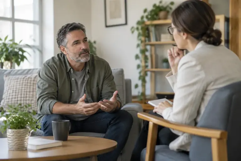 An adult seated in a comfortable consultation room speaking with a professional, no medicine visible.