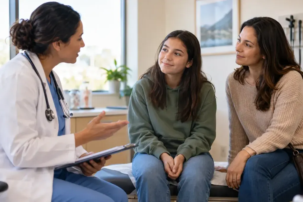 A teenager with a parent listening to a health professional in a welcoming clinic, ordinary supportive conversation.