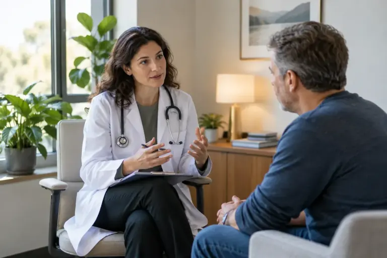 A clinician speaking with an adult in a private consultation room.