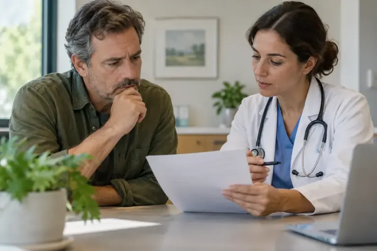 An adult reviewing an contact form with a clinician in a calm consultation room.