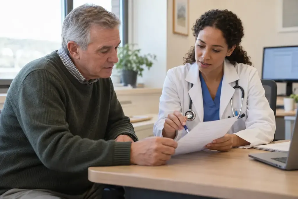 A patient reviewing a printed clinic note with a clinician at a desk.