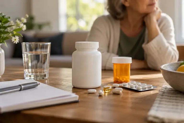 Unbranded supplement bottle and prescription packaging beside a medication list.