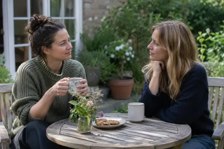 Two friends talking quietly over tea at a small garden table without party decorations.
