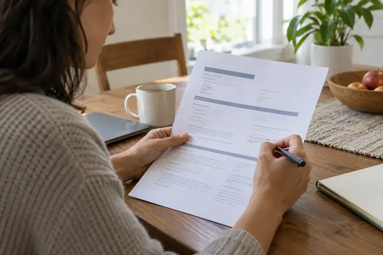 A person annotating an anonymous printed appointment summary with a pen at home.