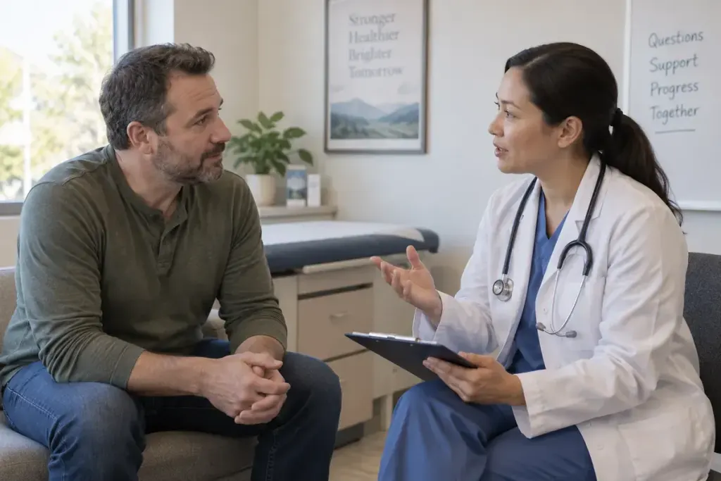 A person having a calm conversation with a health professional in a consultation room.