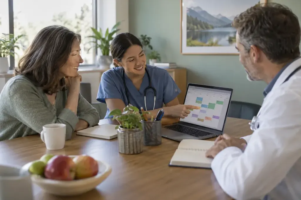 Adult patient reviewing a shared appointment calendar with two healthcare professionals in a welcoming meeting room.