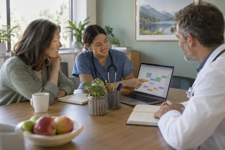 Adult patient reviewing a shared appointment calendar with two healthcare professionals in a welcoming meeting room.
