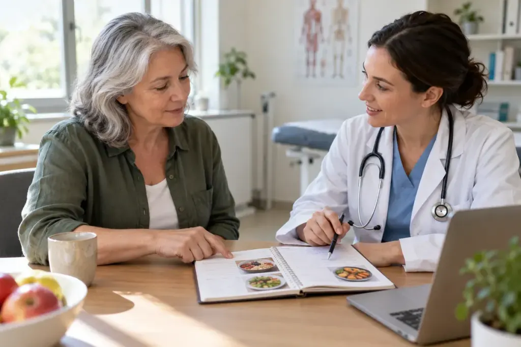 A patient discussing a simple food diary with a healthcare professional, calm clinic room and no weight-loss imagery.