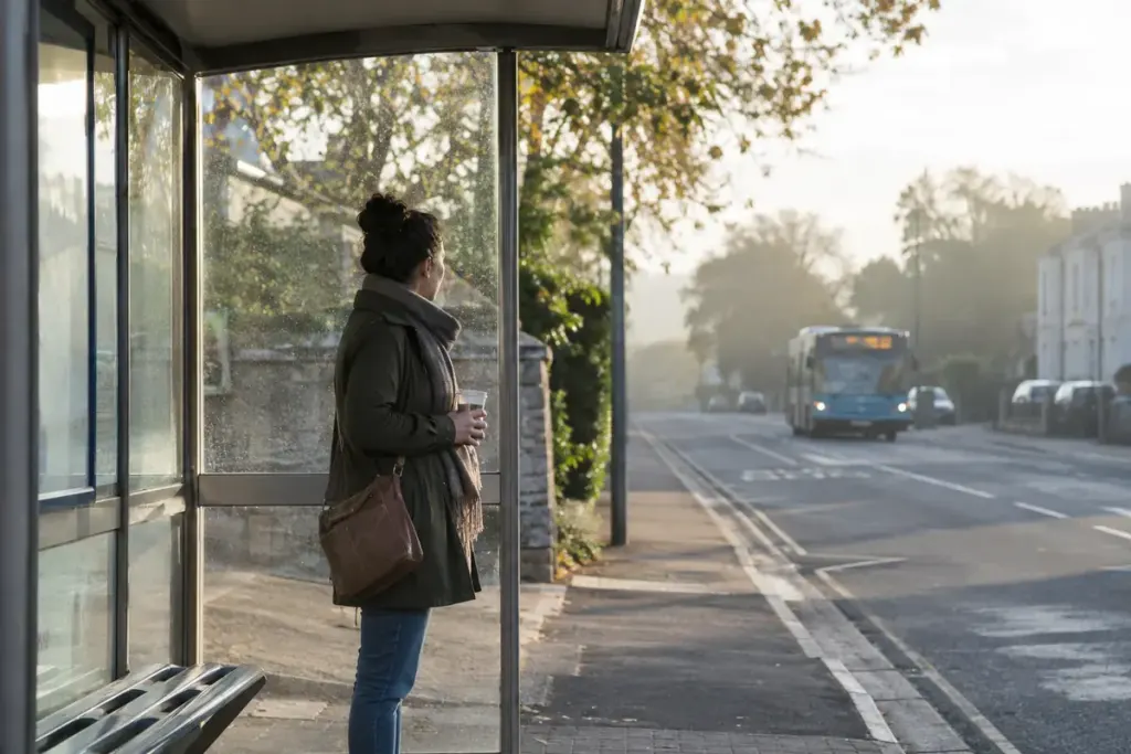 A person with a small bag waiting at a sheltered bus stop on a quiet morning.