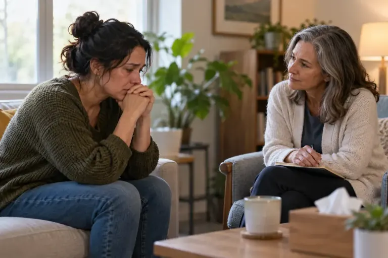 Adult speaking with a supportive counsellor in a calm comfortable room, thoughtful natural expressions.