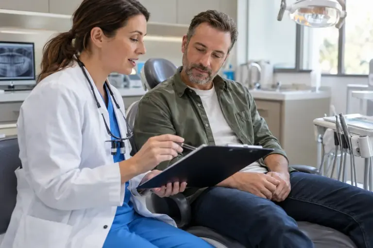 A dentist and an adult patient discussing a written care plan before an examination.