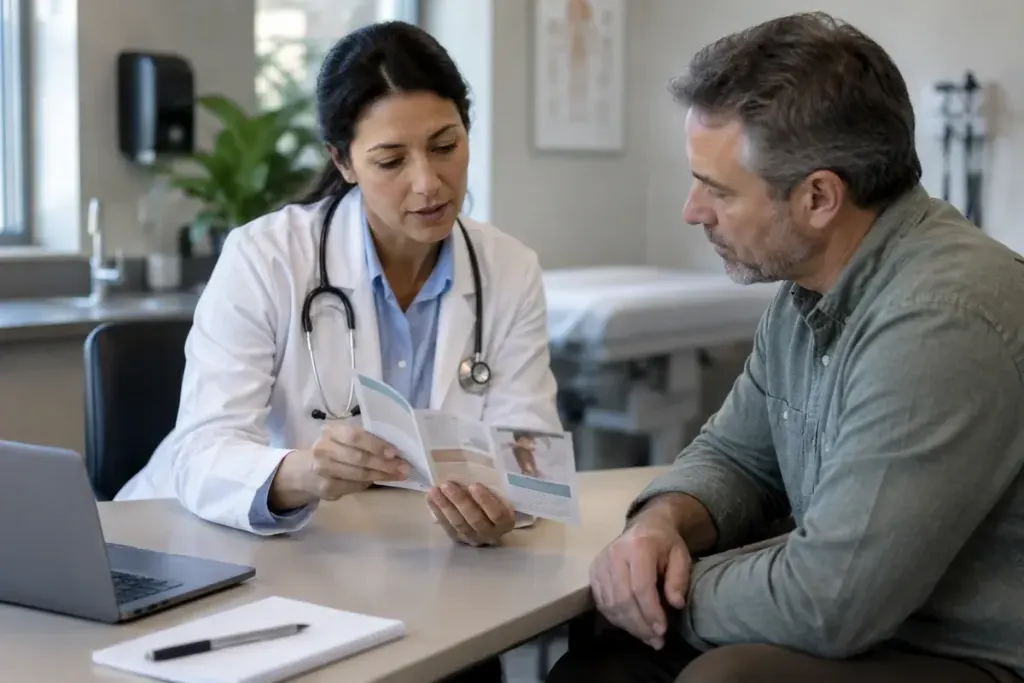 Clinician and adult patient discussing a simple treatment information leaflet at a clinic desk, no legible text or drug branding.