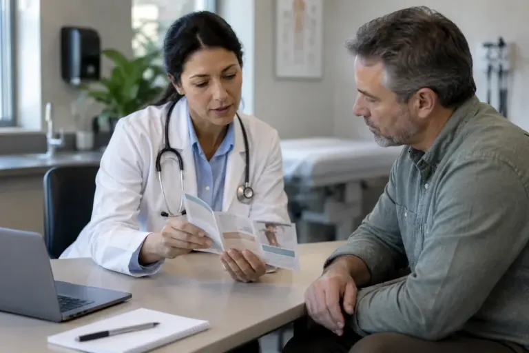 Clinician and adult patient discussing a simple treatment information leaflet at a clinic desk, no legible text or drug branding.