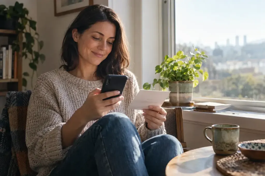An adult reading a phone and paper card beside a window.