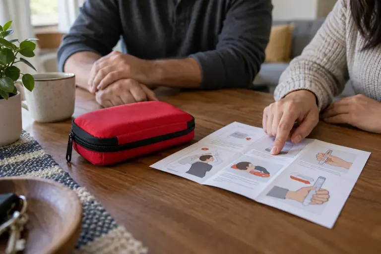 A closed unbranded emergency medicine pouch beside an instruction leaflet on a clean home table, no drug use.