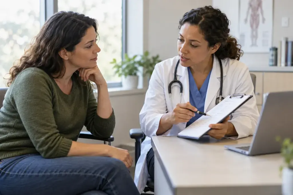 An adult patient discussing a simple care note with a clinician at a consultation desk.