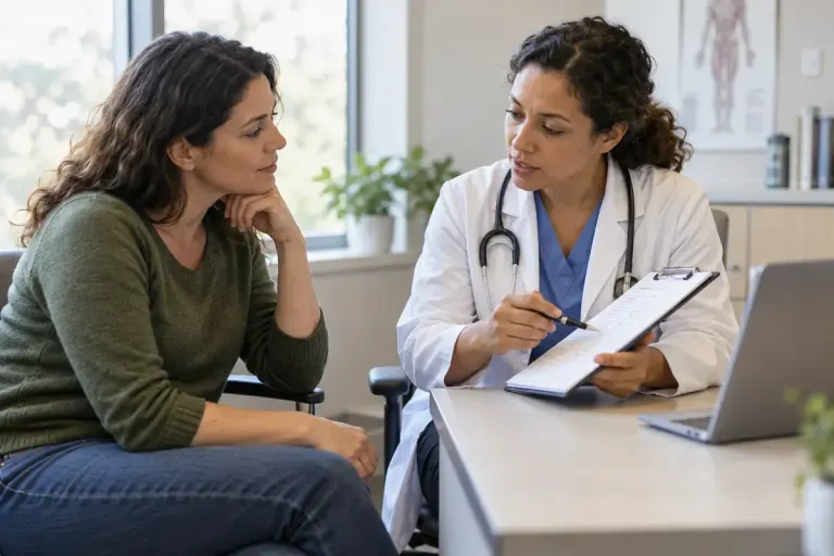 An adult patient discussing a simple care note with a clinician at a consultation desk.