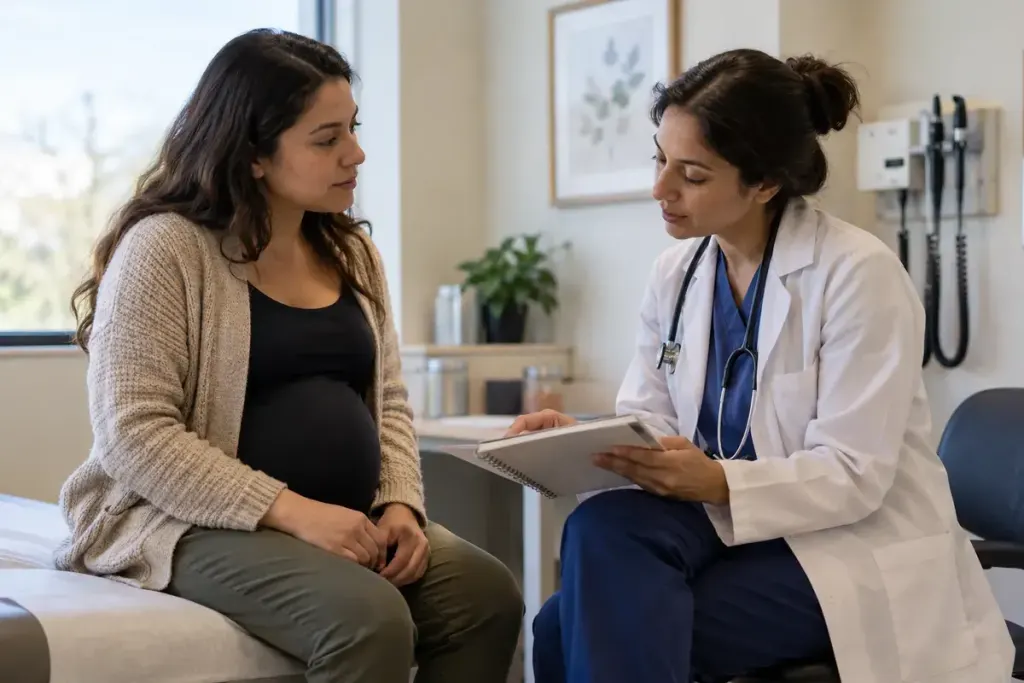 Adult discussing a notebook with healthcare professional in calm clinic.