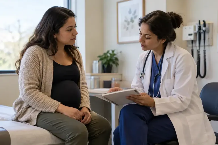 Adult discussing a notebook with healthcare professional in calm clinic.