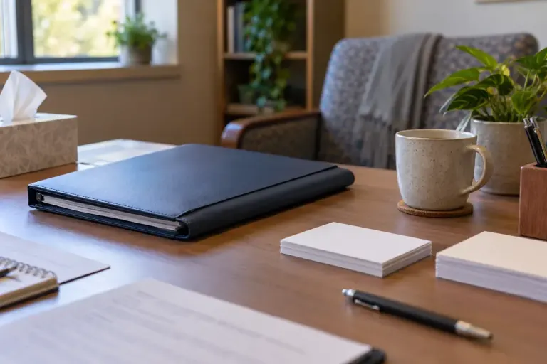 A closed appointment folder and neatly arranged blank note cards on a calm office desk.