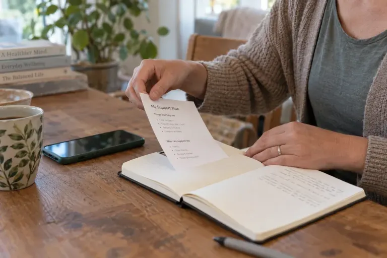 Adult placing a short written personal support plan into a plain notebook beside a phone, calm home setting.