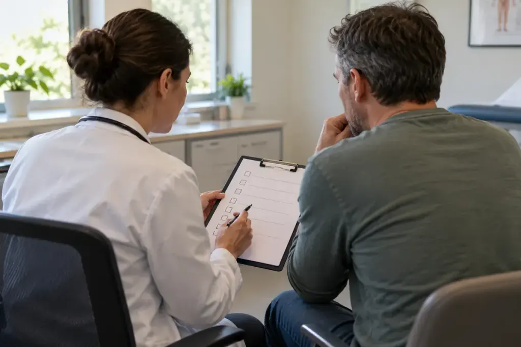 A clinician and adult patient discussing a blank checklist in a consultation room, viewed discreetly from behind.