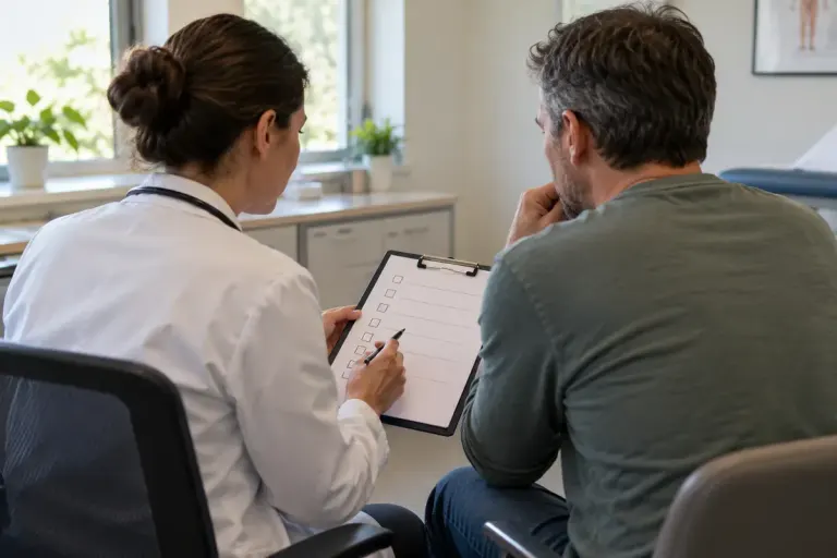 A clinician and adult patient discussing a blank checklist in a consultation room, viewed discreetly from behind.