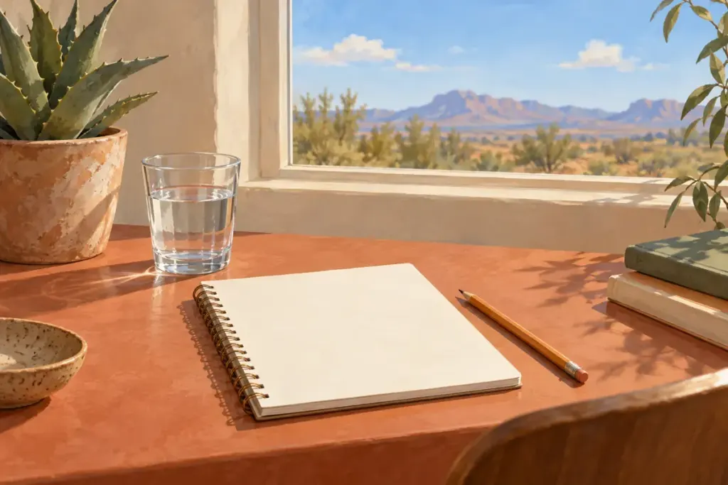 Blank notebook, water and a plant beside a desert-view window