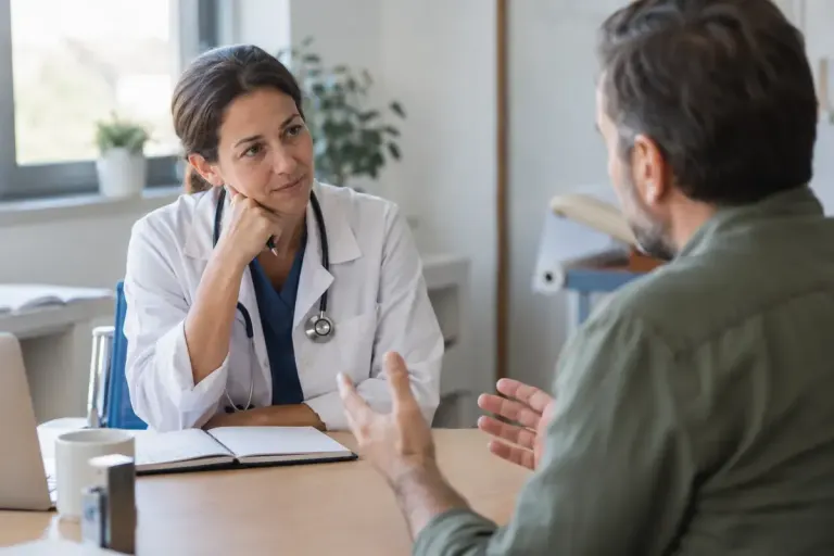 Clinician listening to an adult patient in an ordinary consultation room with a notebook on the desk.