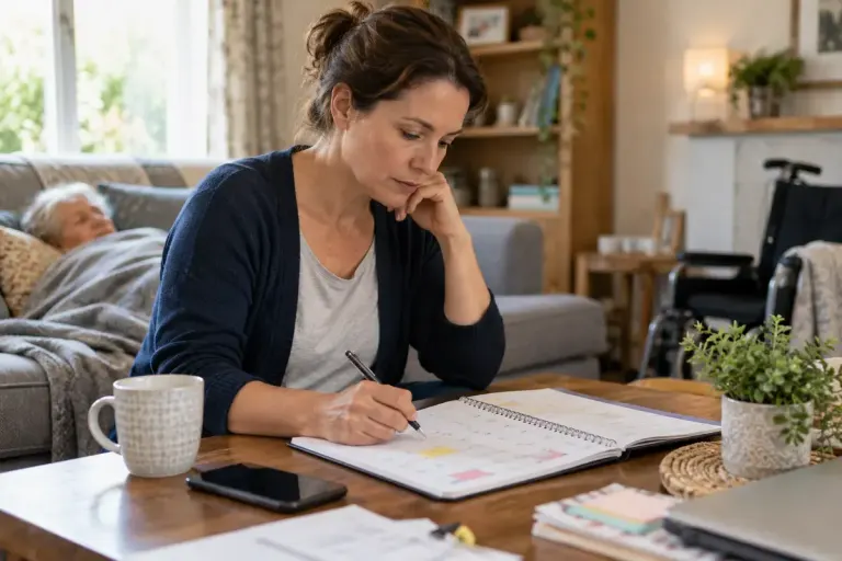 Adult planning a care schedule in a quiet living room with a calendar.