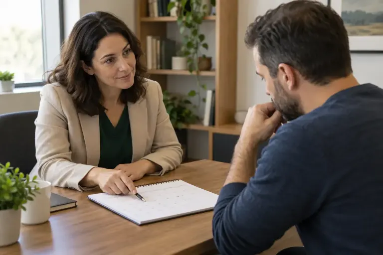 A counsellor and adult client reviewing paperwork at a quiet office desk.