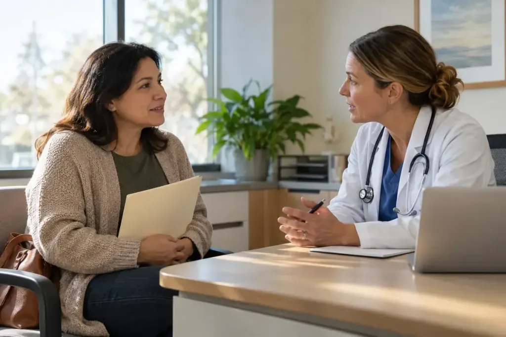 A patient holding a plain folder while speaking with a clinician across a desk.