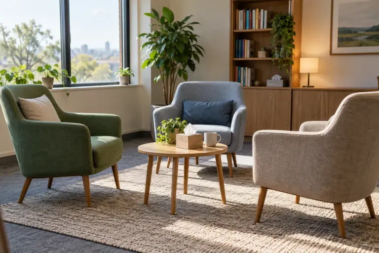 Three chairs arranged around a table in a consultation room.